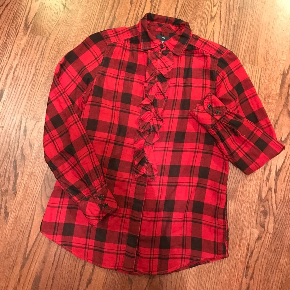 {Gap} red & black ruffle buffalo check shirt Sz M